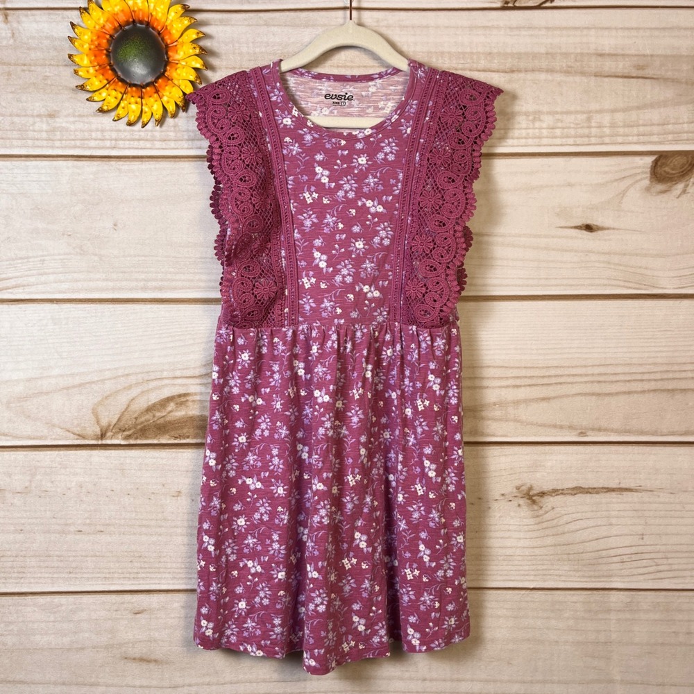 Evsie Girls Floral Lace Flutter Sleeve Dress Berry Purple XXS 7 Cotton Modal